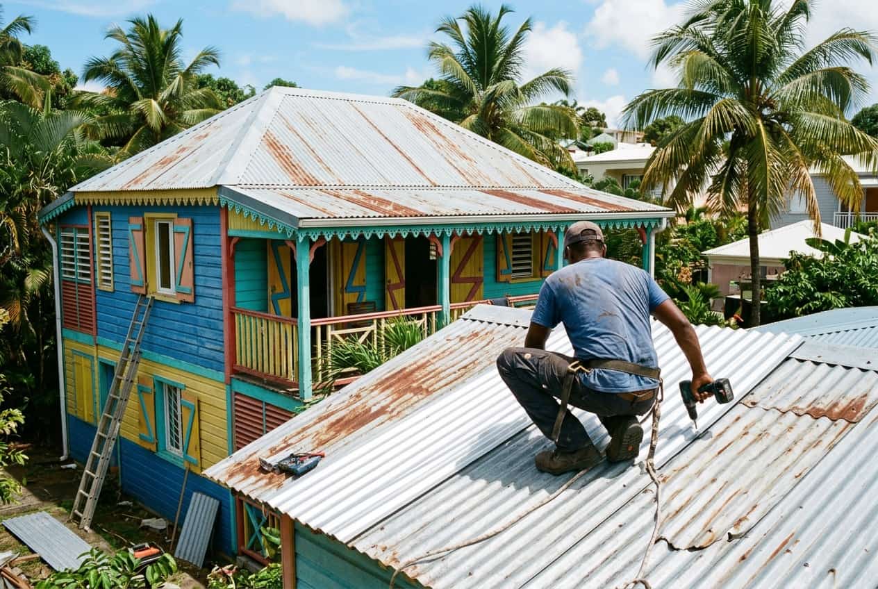 Réfection d'une toiture en tôle sur une case créole en Guadeloupe